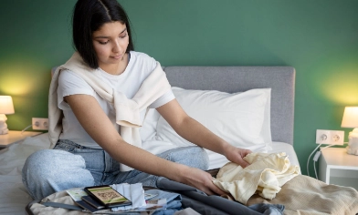 a person sitting on a bed packing a suitcase